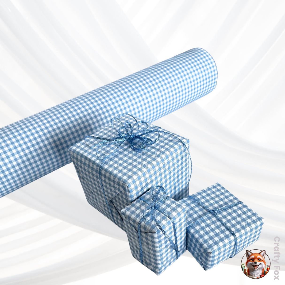 Eco-Friendly Gingham French Blue Gift Wrapping Paper - 80gsm, 60cm Wide