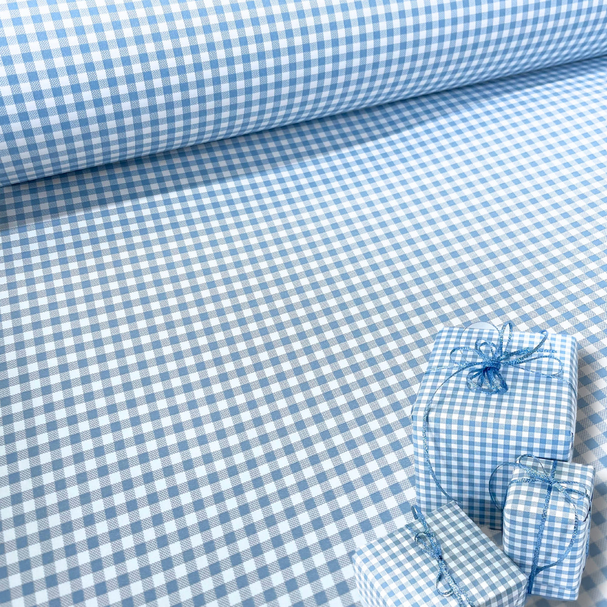 Eco-Friendly Gingham French Blue Gift Wrapping Paper - 80gsm, 60cm Wide