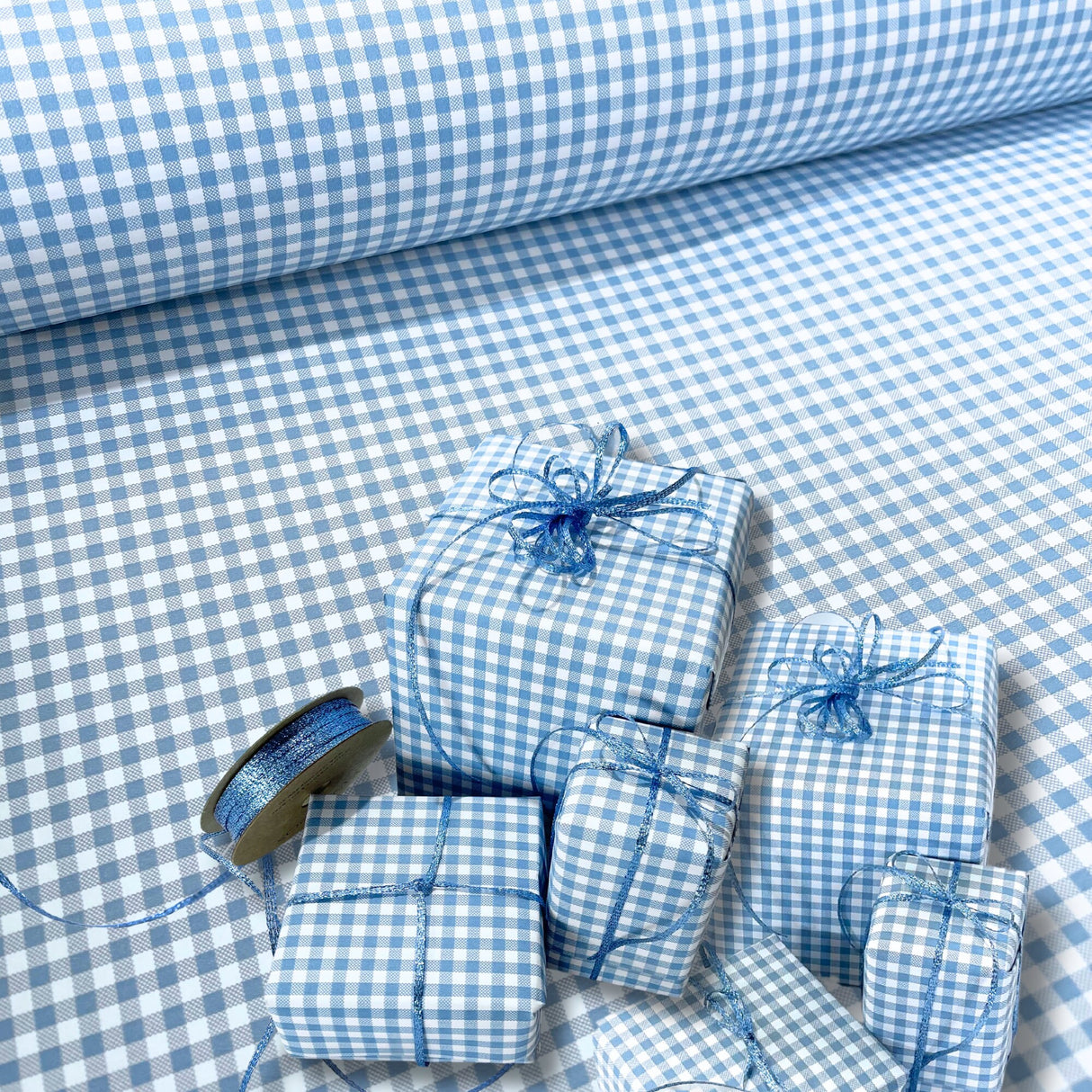 Eco-Friendly Gingham French Blue Gift Wrapping Paper - 80gsm, 60cm Wide