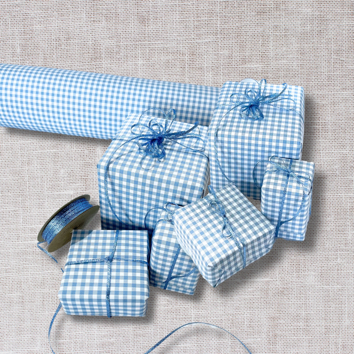 Eco-Friendly Gingham French Blue Gift Wrapping Paper - 80gsm, 60cm Wide