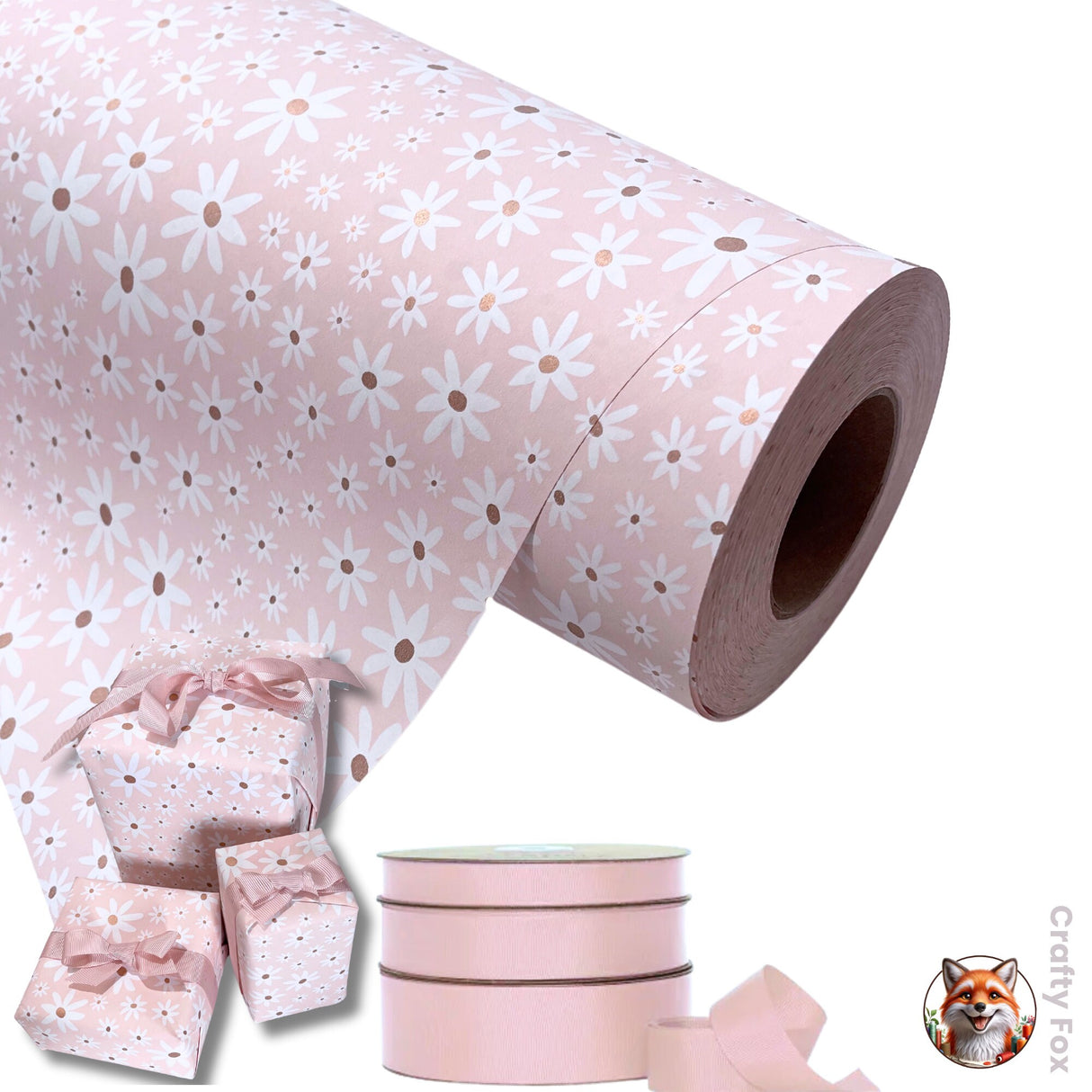 Daisy Floral Champagne Gift Wrapping Paper- 80gsm, 60cm Wide | Elegant Wrapping Solutions