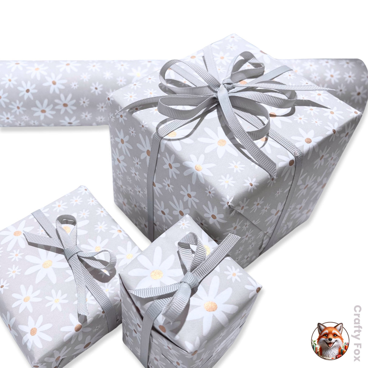Valentines Gift wrapping paper, Daisy Grey Floral - Elegant 80gsm Wrapping Solutions | 60cm Wide