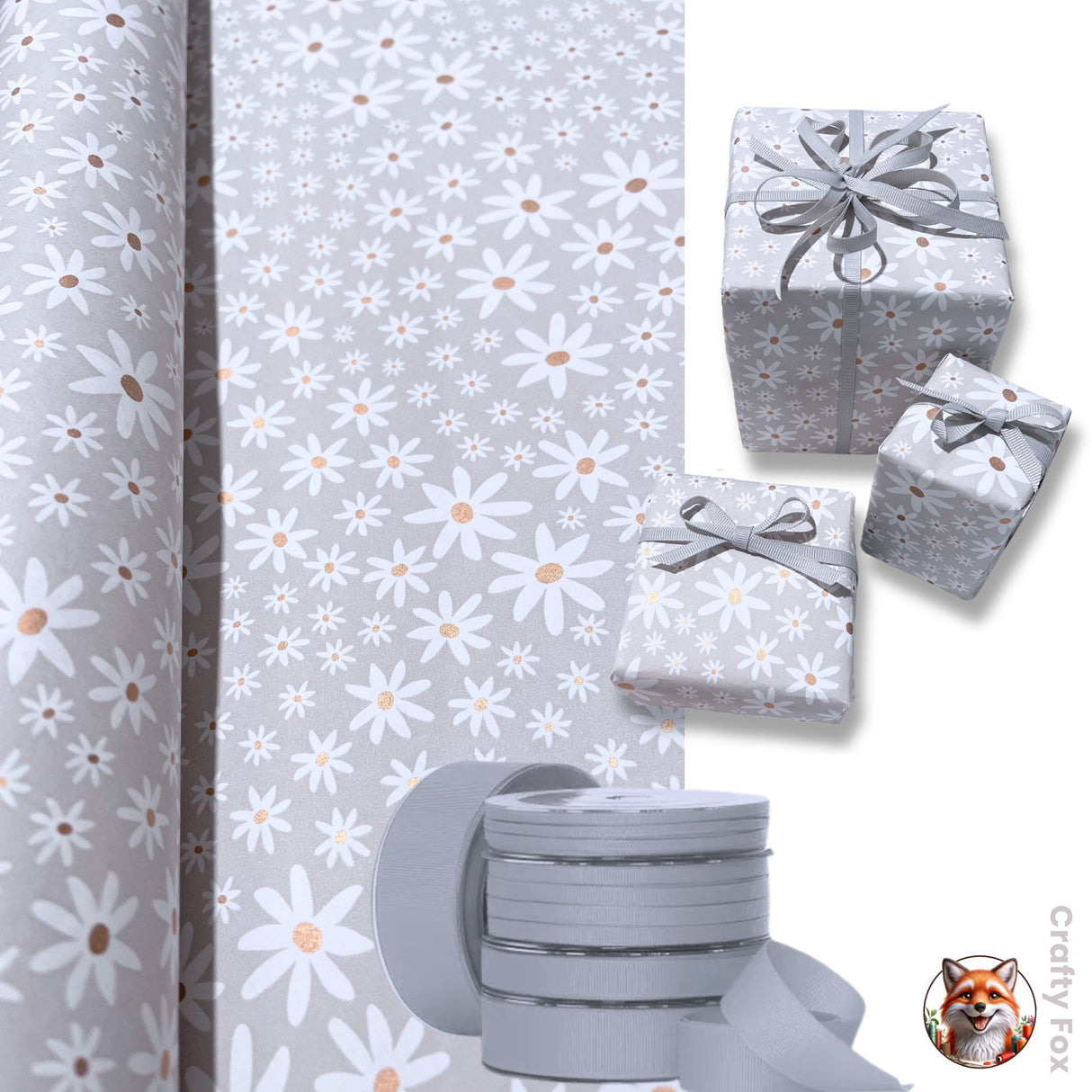 Valentines Gift wrapping paper, Daisy Grey Floral - Elegant 80gsm Wrapping Solutions | 60cm Wide