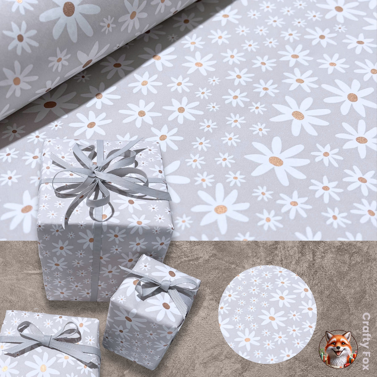 Valentines Gift wrapping paper, Daisy Grey Floral - Elegant 80gsm Wrapping Solutions | 60cm Wide