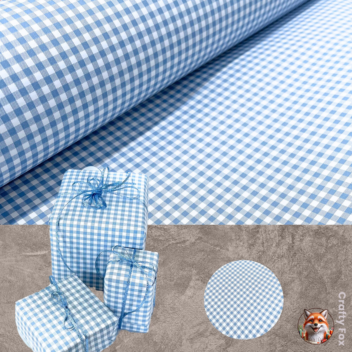Eco-Friendly Gingham French Blue Gift Wrapping Paper - 80gsm, 60cm Wide