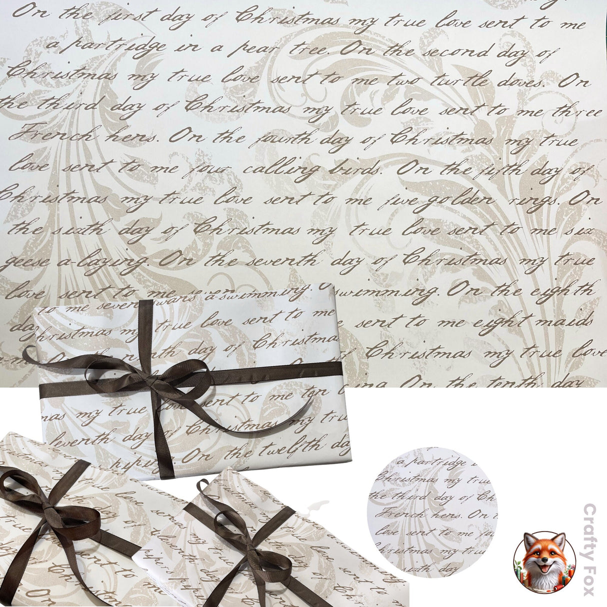 Christmas Words, 12 Days of Christmas, Fawn Gift Wrapping Paper - 60cm Wide