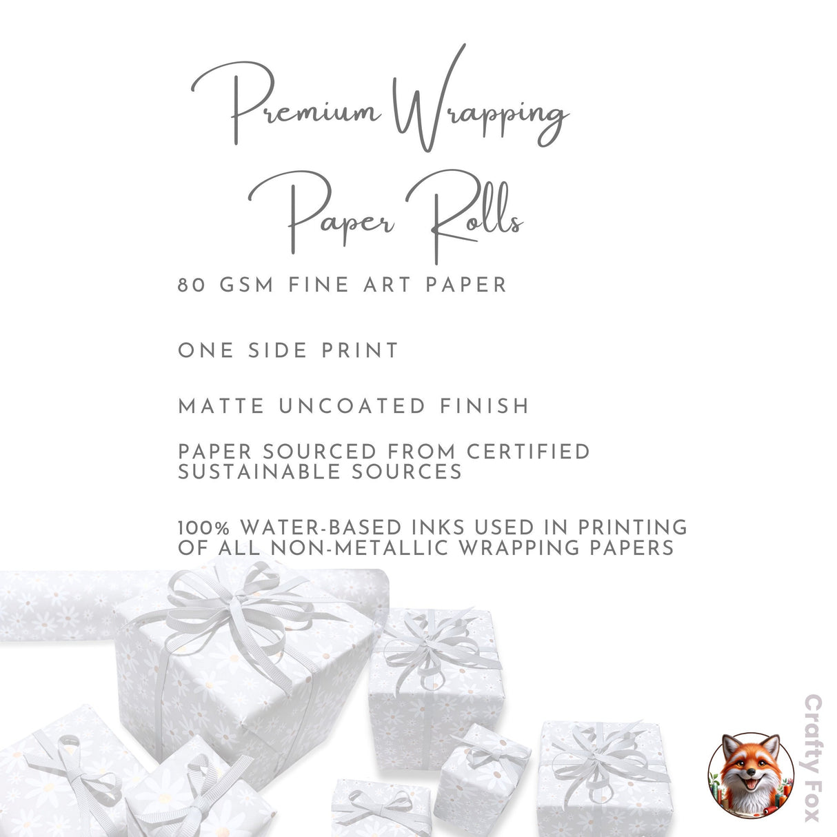 Valentines Gift wrapping paper, Daisy Grey Floral - Elegant 80gsm Wrapping Solutions | 60cm Wide