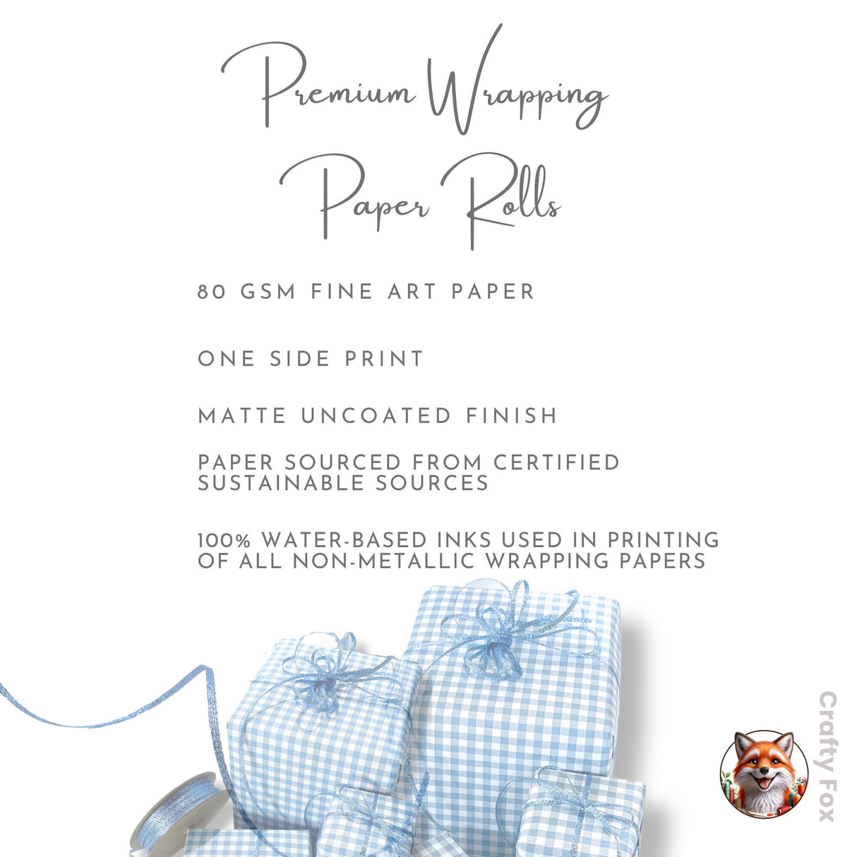 Eco-Friendly Gingham French Blue Gift Wrapping Paper - 80gsm, 60cm Wide