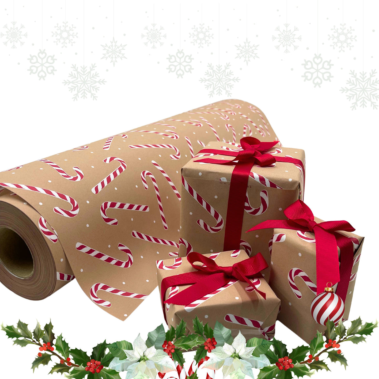 Candy Cane Ginger Red Gift Wrapping Paper – 80gsm, 60cm Wide | Festive Christmas Wrap
