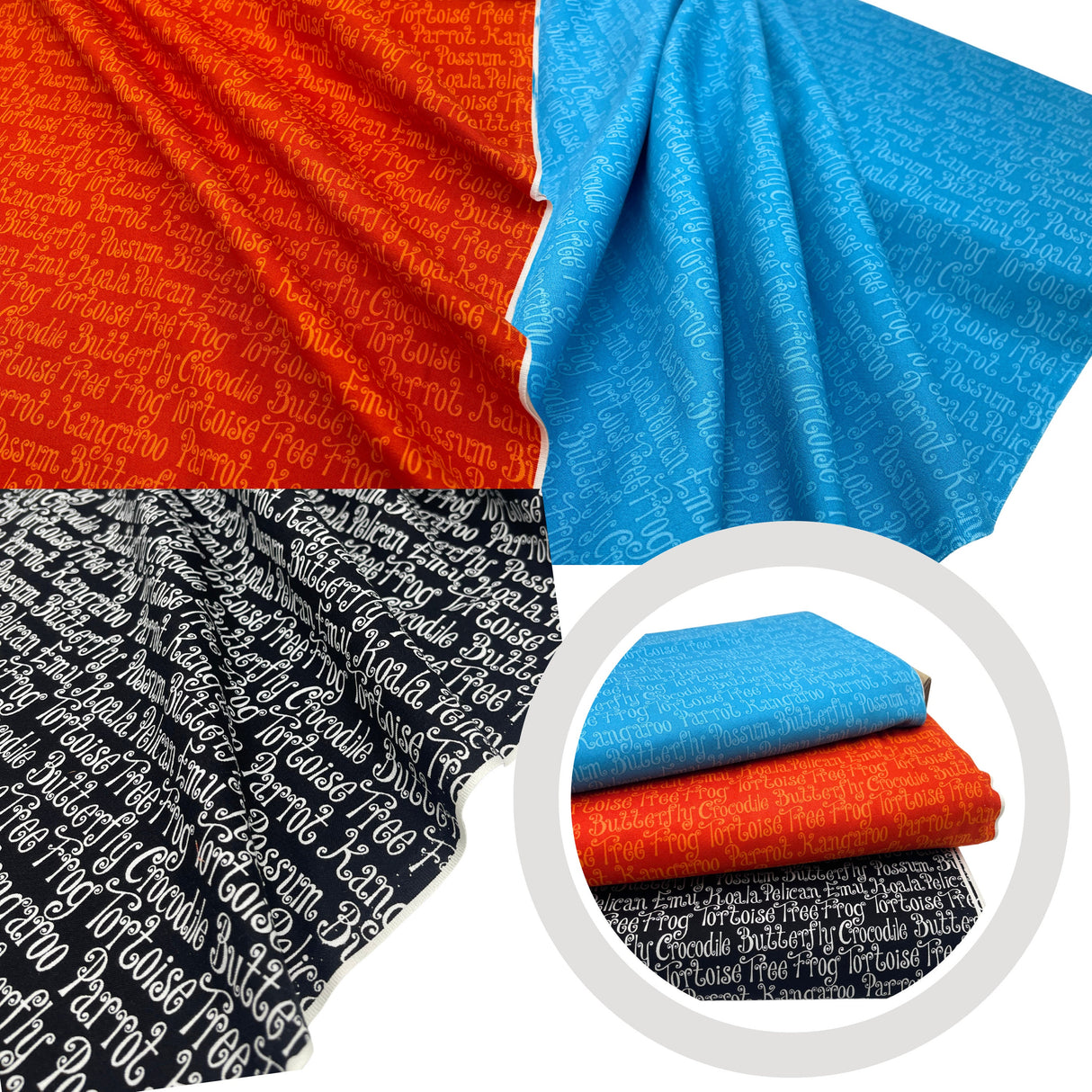 Animal Words Fabric, Possum, Crocodile, Koala, Kangaroo Aussie Mates by Henry Glass