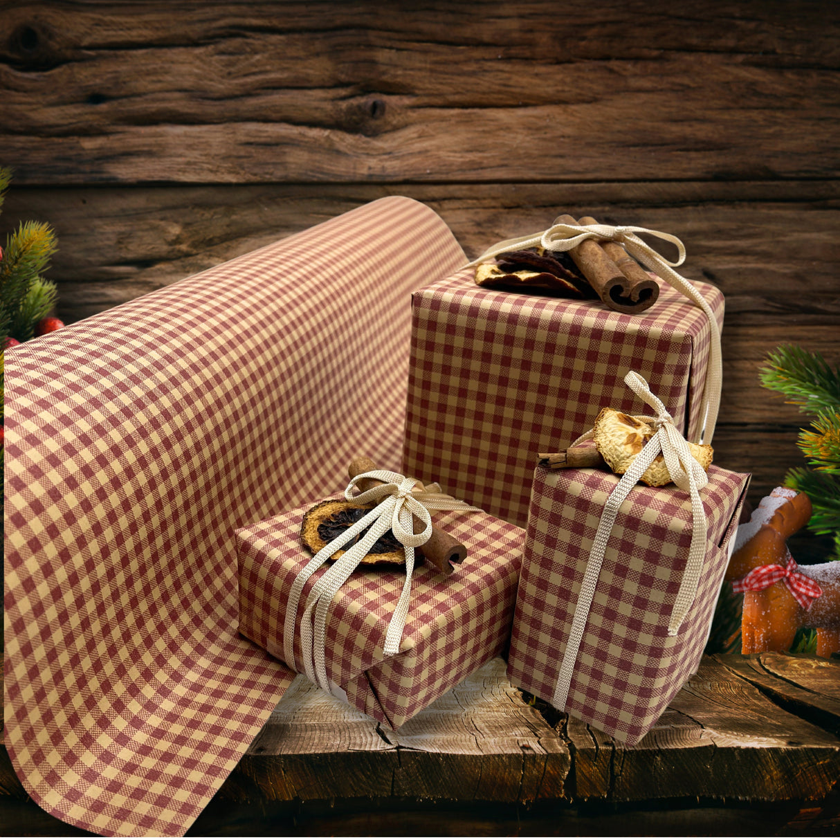 Gingham Spice Red Gift Wrap Paper 80gsm | Eco-Friendly Wrapping Paper 60cm Wide