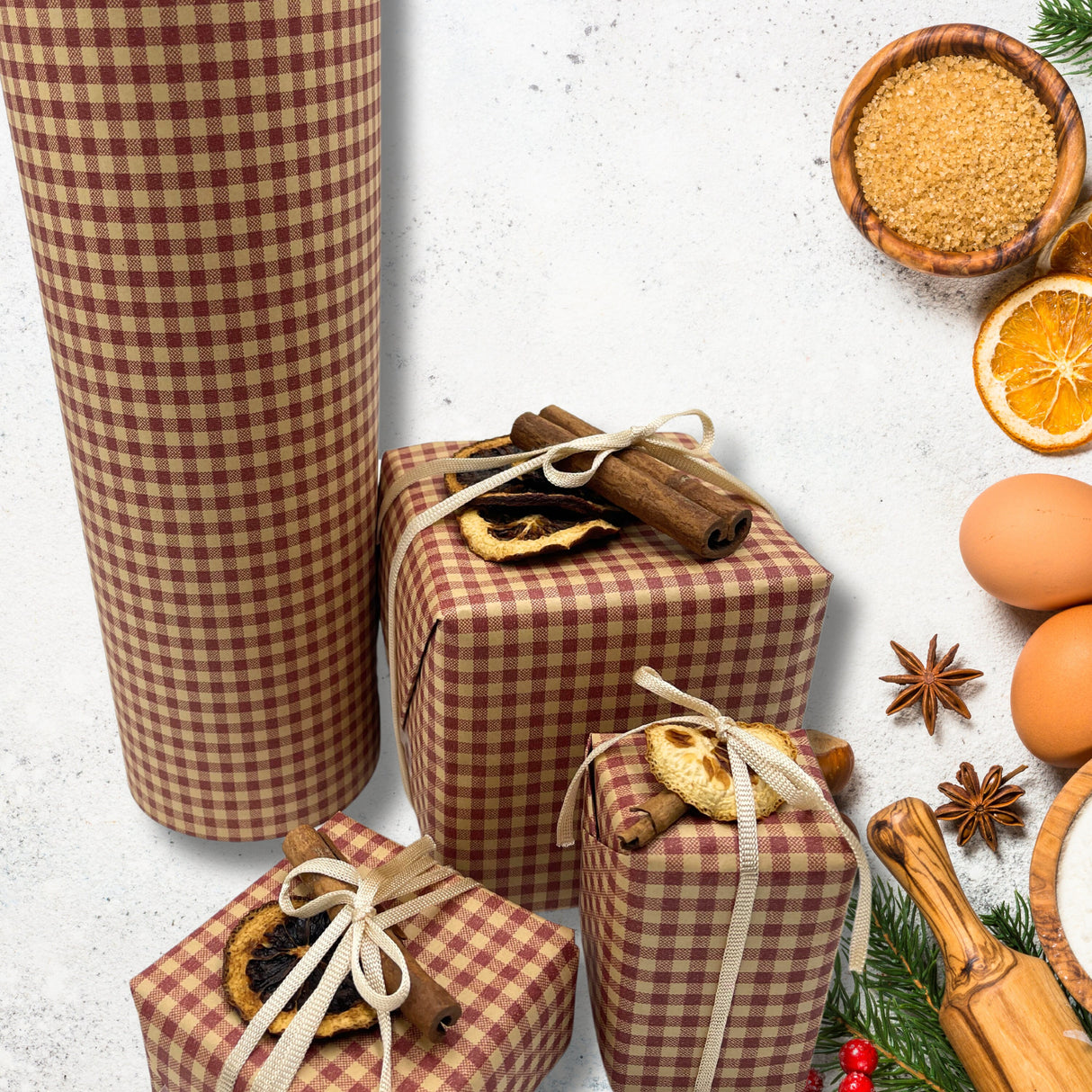 Gingham Spice Red Gift Wrap Paper 80gsm | Eco-Friendly Wrapping Paper 60cm Wide