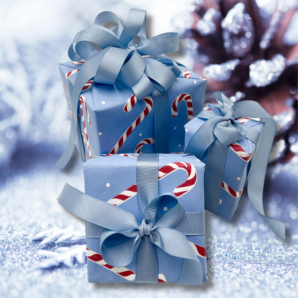 Candy Cane French Blue Gift Wrapping Paper – 80gsm, 60cm Wide | Elegant Holiday Wrapping