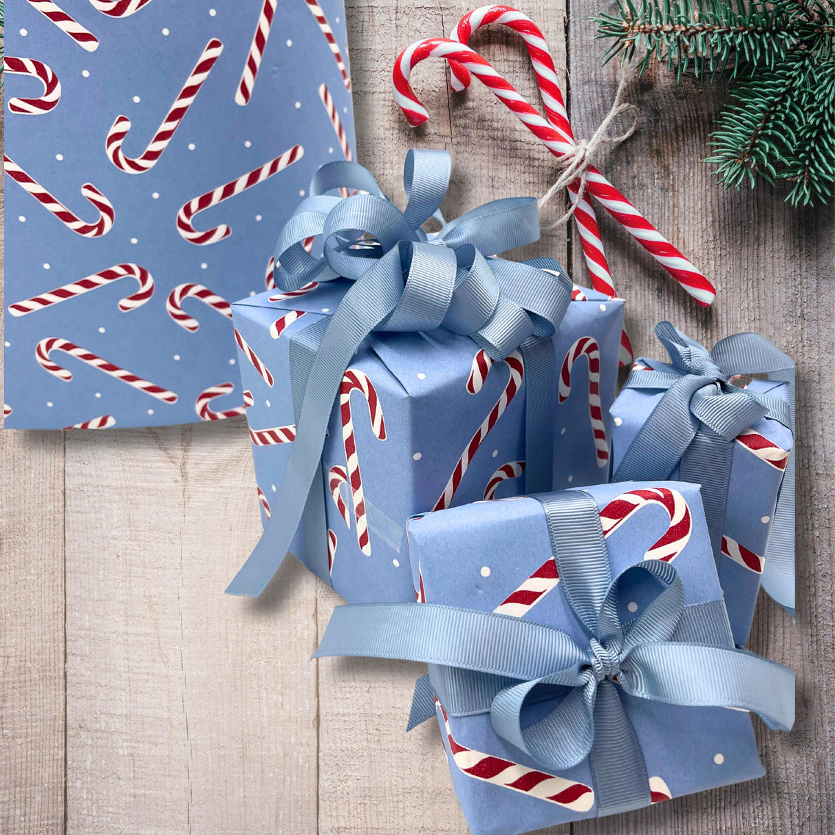 Candy Cane French Blue Gift Wrapping Paper – 80gsm, 60cm Wide | Elegant Holiday Wrapping