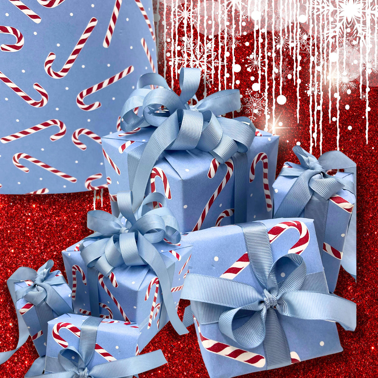 Candy Cane French Blue Gift Wrapping Paper – 80gsm, 60cm Wide | Elegant Holiday Wrapping