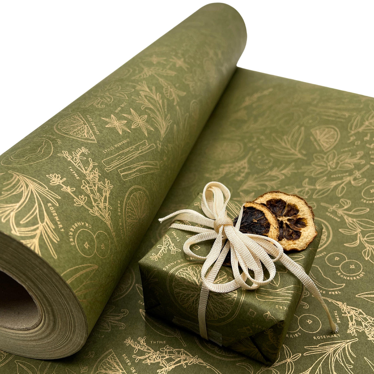 Sugar and Spice Olive Gold Gift Wrapping Paper – Festive Eco-Friendly Christmas Wrap