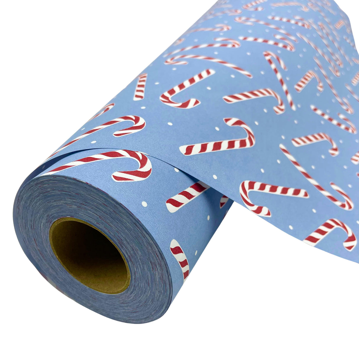 Roll of Red and white candy cane tossed on a french blue background gift wrapping paper
