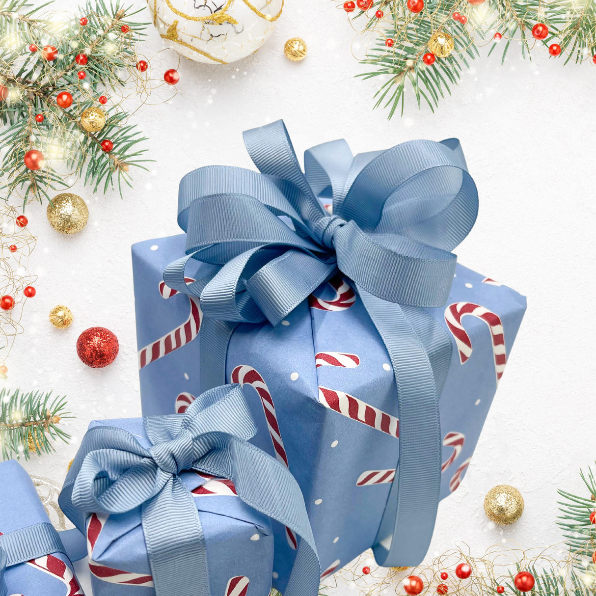 Candy Cane French Blue Gift Wrapping Paper – 80gsm, 60cm Wide | Elegant Holiday Wrapping