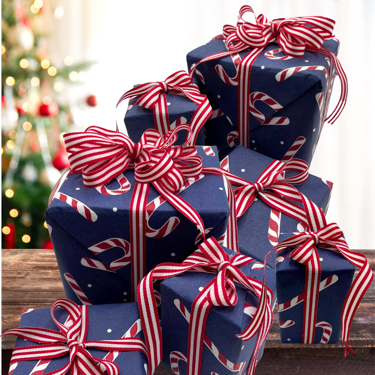 Candy Cane Navy Gift Wrapping Paper – Festive Christmas Wrap | Eco-Friendly & High-Quality 80gsm Paper