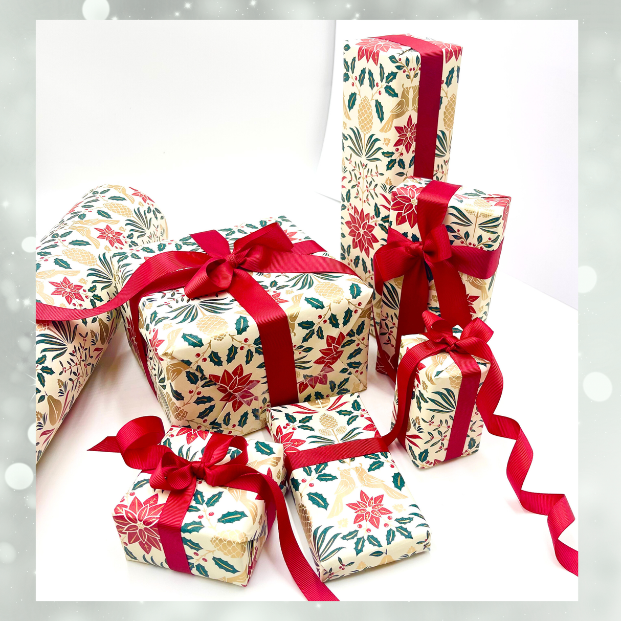 Poinsettia Gift Wrapping Paper – 80gsm, 60cm Wide | Festive Christmas Wrap