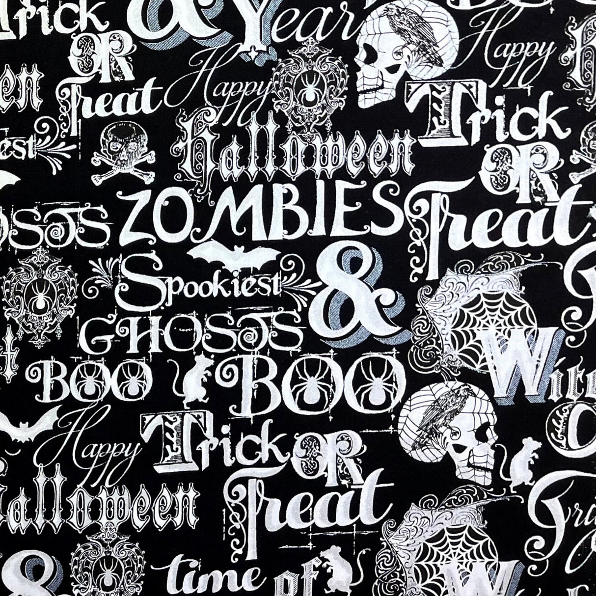Word fabric Black Silver White fabric Halloween Silver Metallic Henry Glass Fabric