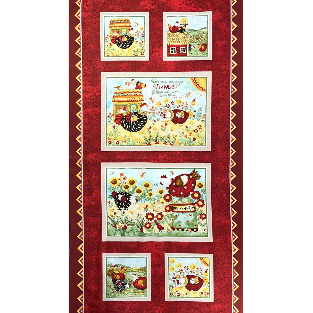 Country Charm Red Rooster Panel Fabric | All Cooped Up | Henry Glass HG6871-88