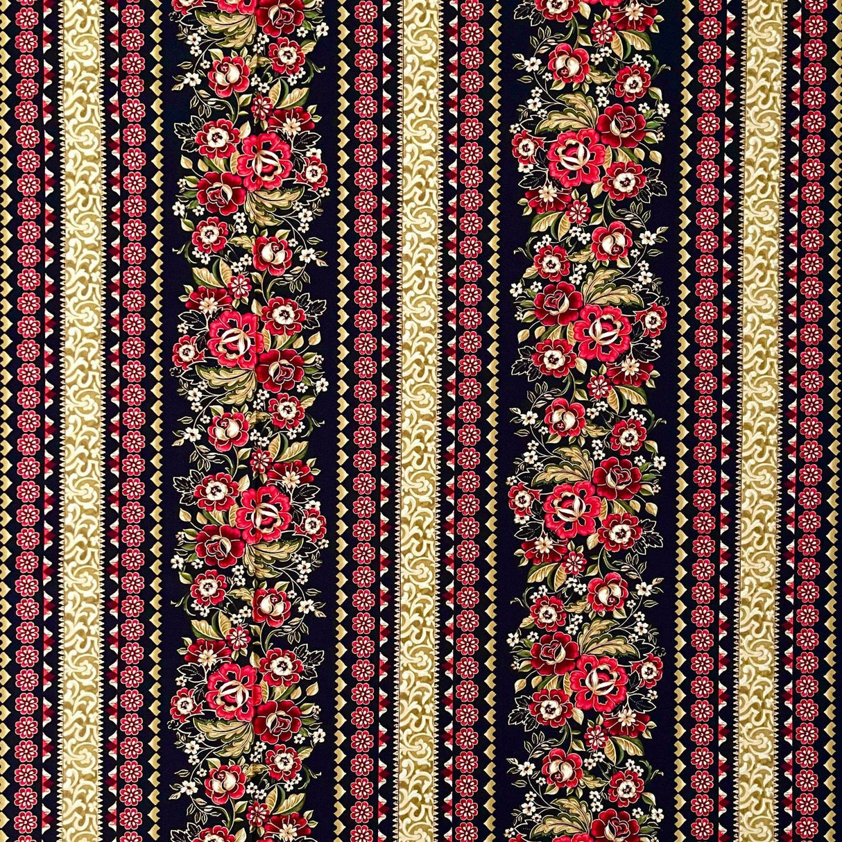Carmen Floral Red Black Gold Border Fabric by Kanvas Benartex - BT8285.12
