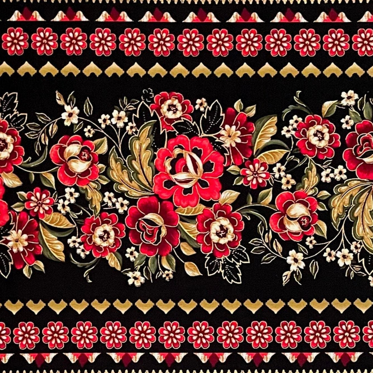 Carmen Floral Red Black Gold Border Fabric by Kanvas Benartex - BT8285.12