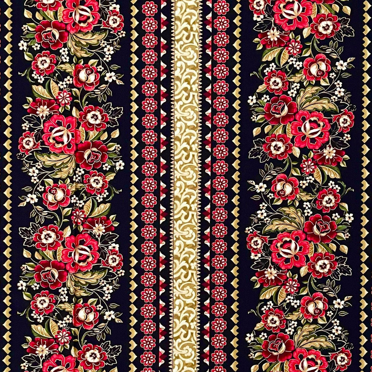 Carmen Floral Red Black Gold Border Fabric by Kanvas Benartex - BT8285.12