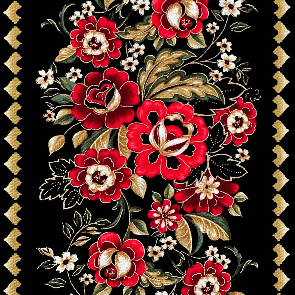 Carmen Floral Red Black Gold Border Fabric by Kanvas Benartex - BT8285.12
