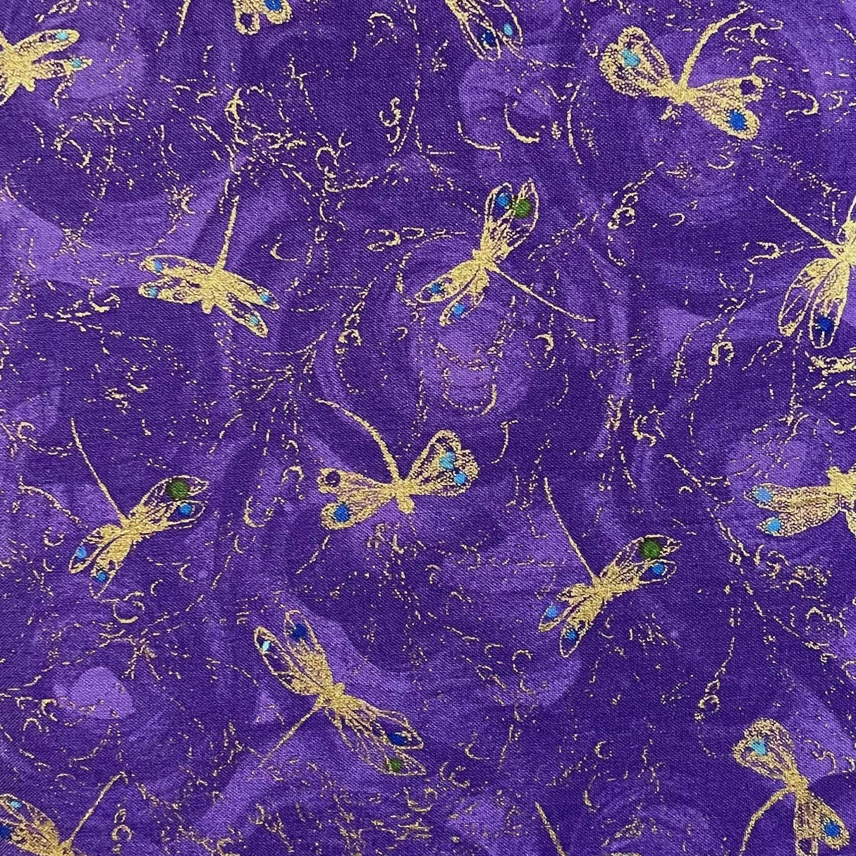 Fly by Night Dragonflies Fabric – Purple Mini with Gold Metallic Accents | Timeless Treasures CM6097