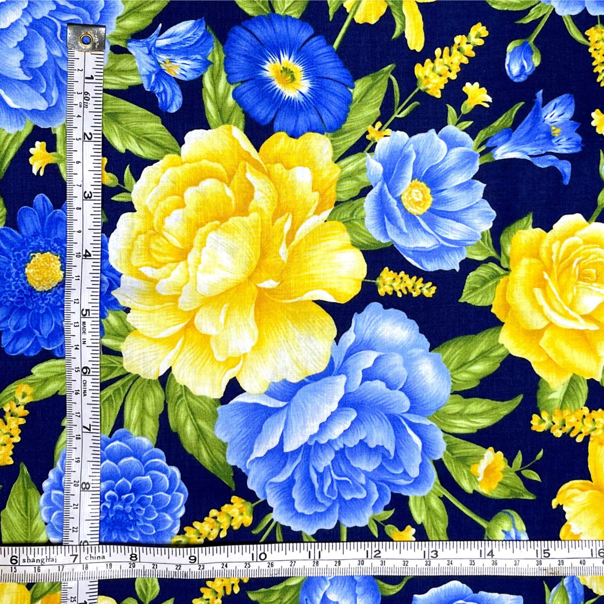 Floral fabric Yellow Blue Rose Angelica Navy fabric Timeless Treasures Craft Cotton Quilters fabric C6359
