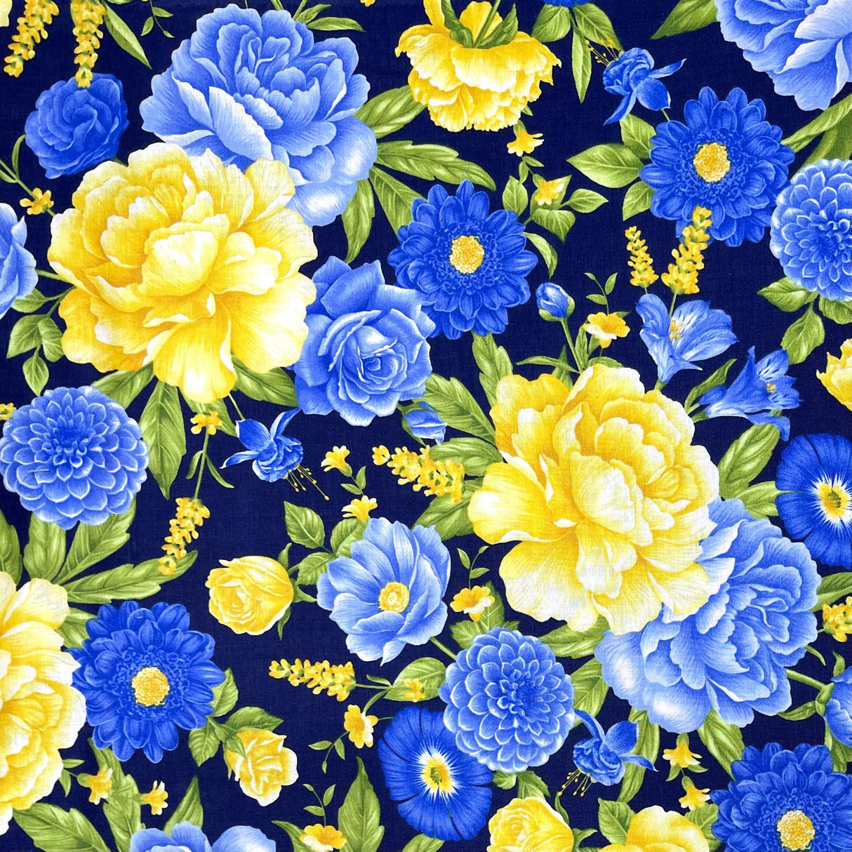 Floral fabric Yellow Blue Rose Angelica Navy fabric Timeless Treasures Craft Cotton Quilters fabric C6359