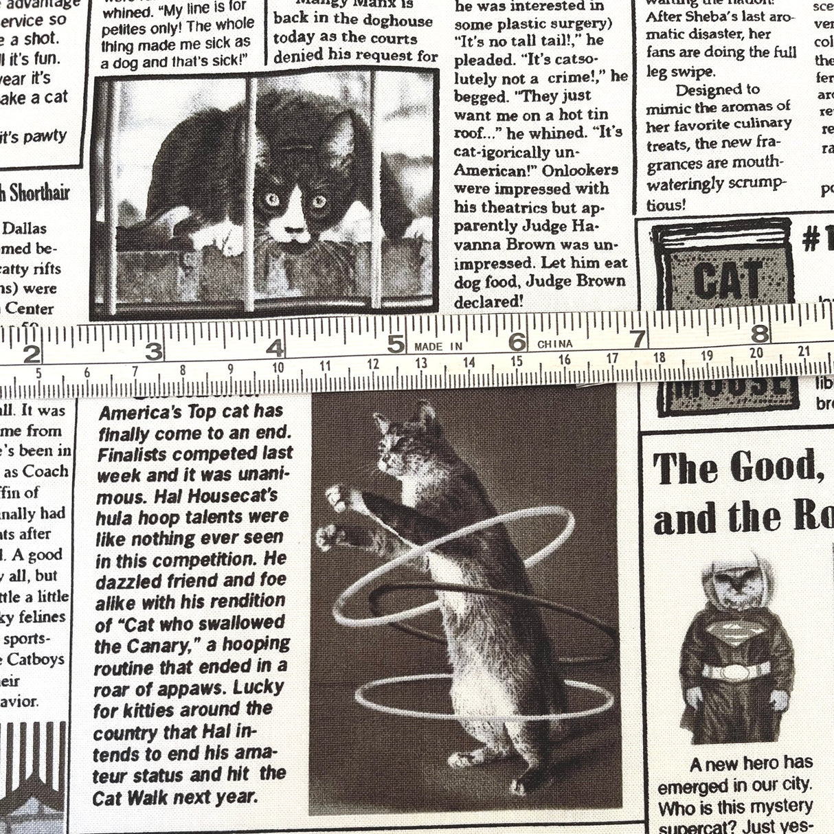 Cat Newspaper fabric 60cm The Kitty Chronicle White Timeless Treasures C1200White