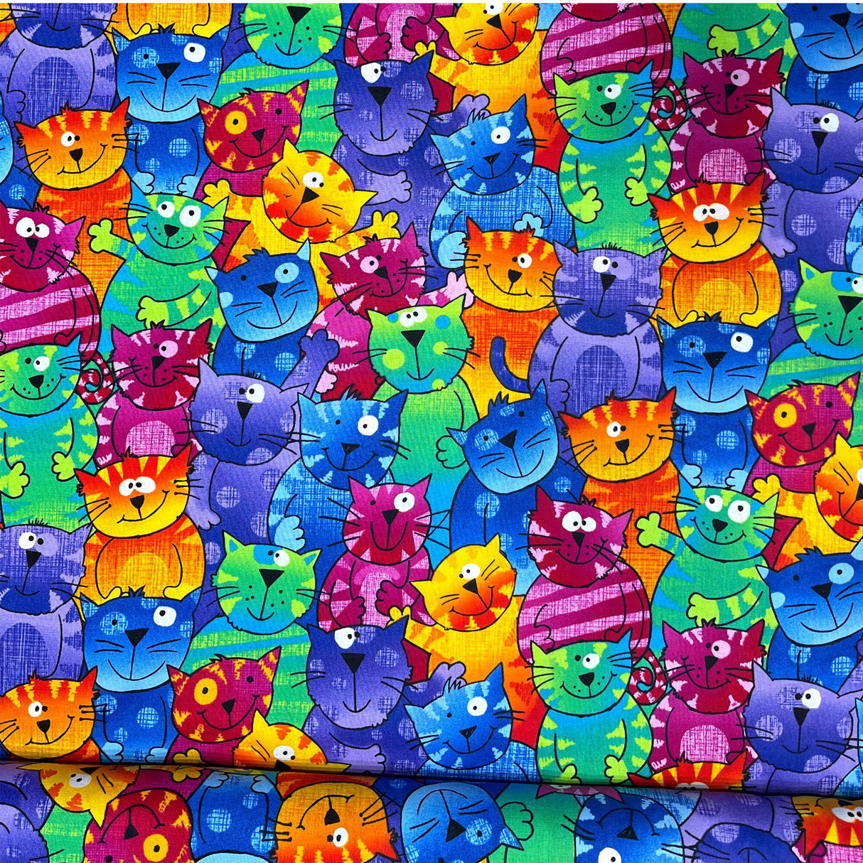 Cats Bright fabric Multi Gail Cheshire Cats Purple Green Orange Pink Timeless Treasure TT-C9327