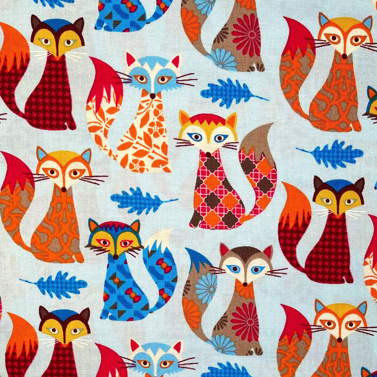 Fox Fabric Blue Orange Red Animal Quilting fabric Fun Timeless Treasure TT-C3804-Blue