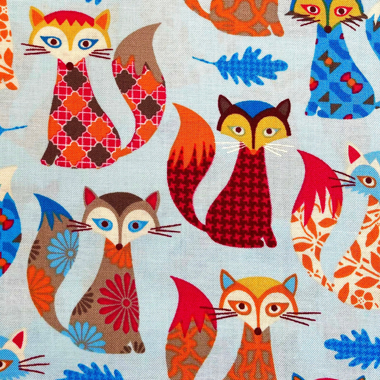 Fox Fabric Blue Orange Red Animal Quilting fabric Fun Timeless Treasure TT-C3804-Blue