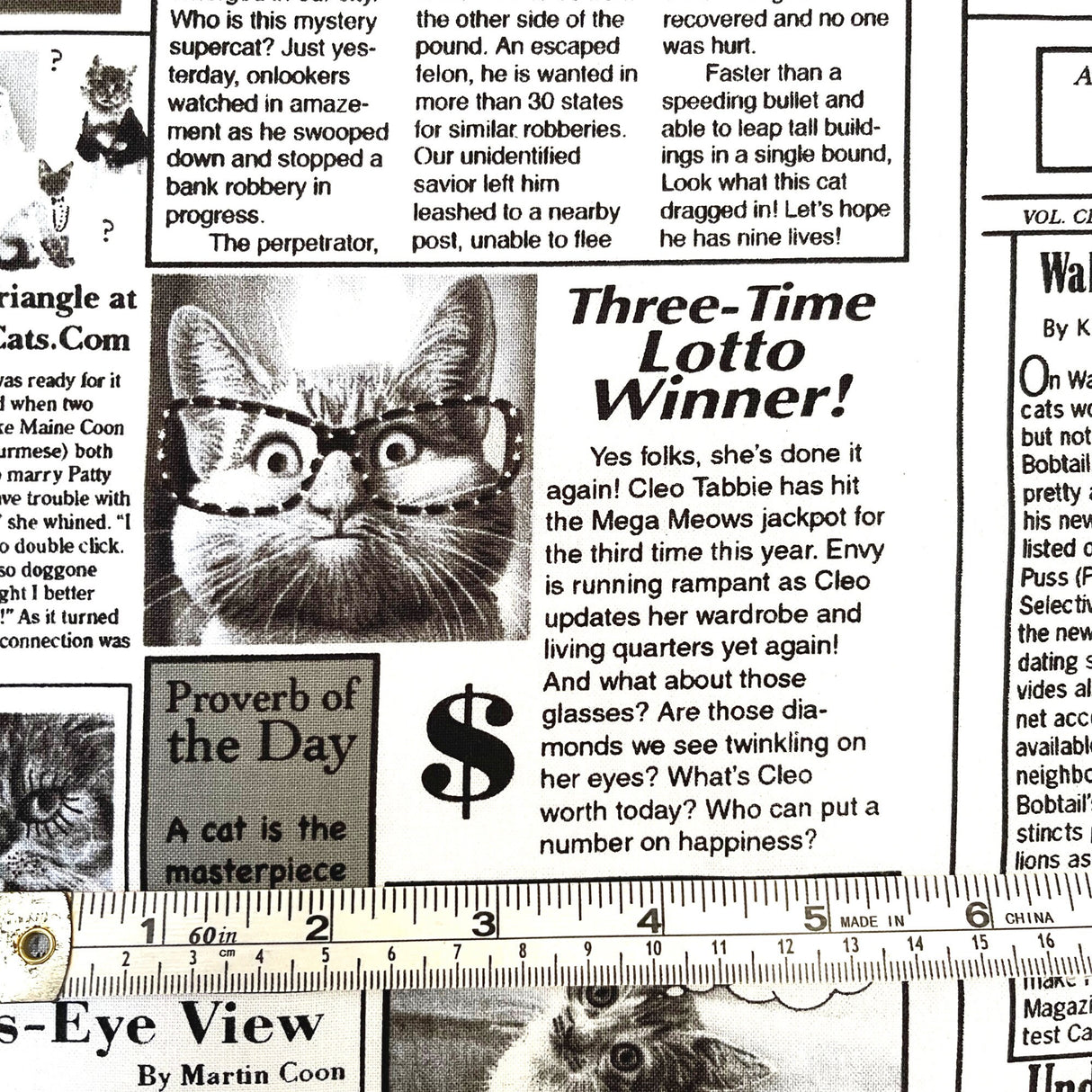 Cat Newspaper fabric 60cm The Kitty Chronicle White Timeless Treasures C1200White