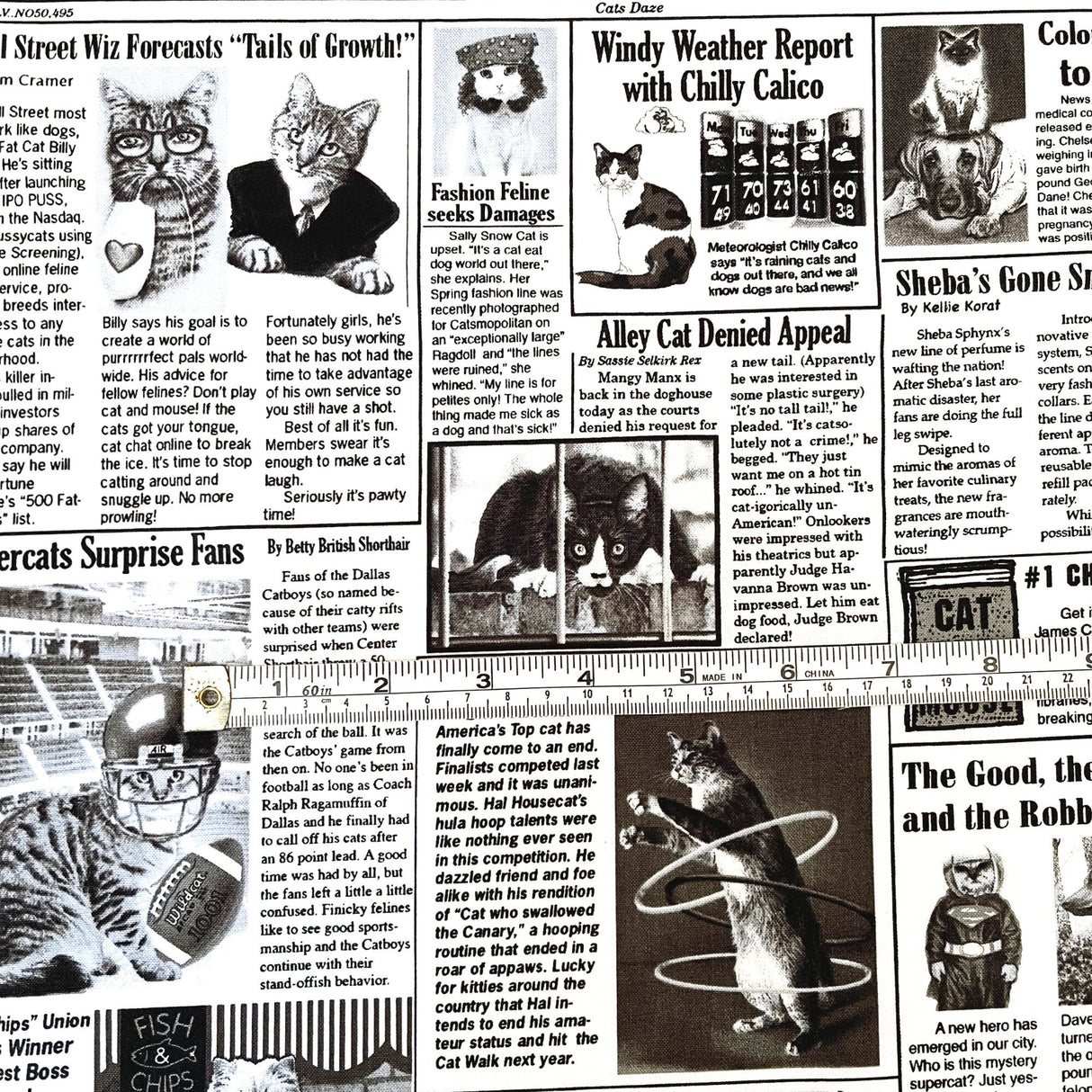 Cat Newspaper fabric 60cm The Kitty Chronicle White Timeless Treasures C1200White