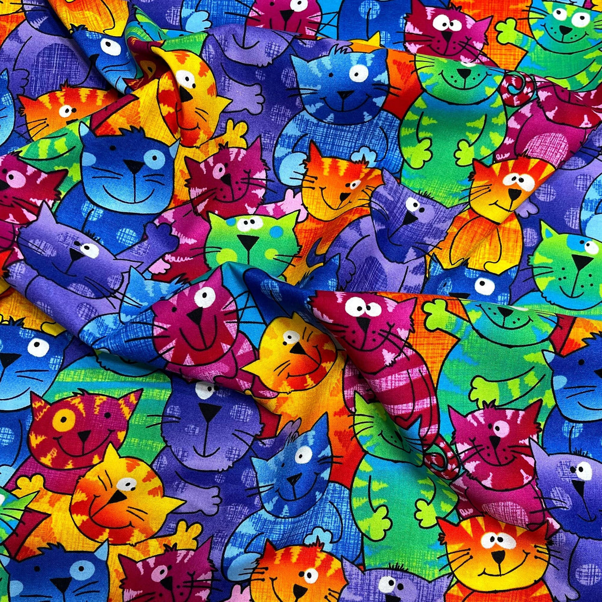 Cats Bright fabric Multi Gail Cheshire Cats Purple Green Orange Pink Timeless Treasure TT-C9327