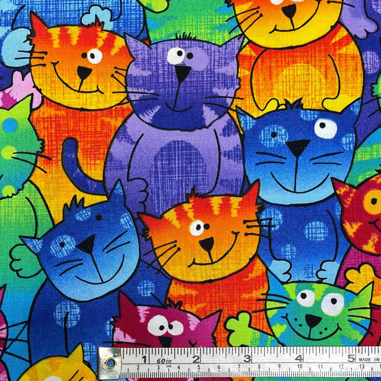 Cats Bright fabric Multi Gail Cheshire Cats Purple Green Orange Pink Timeless Treasure TT-C9327