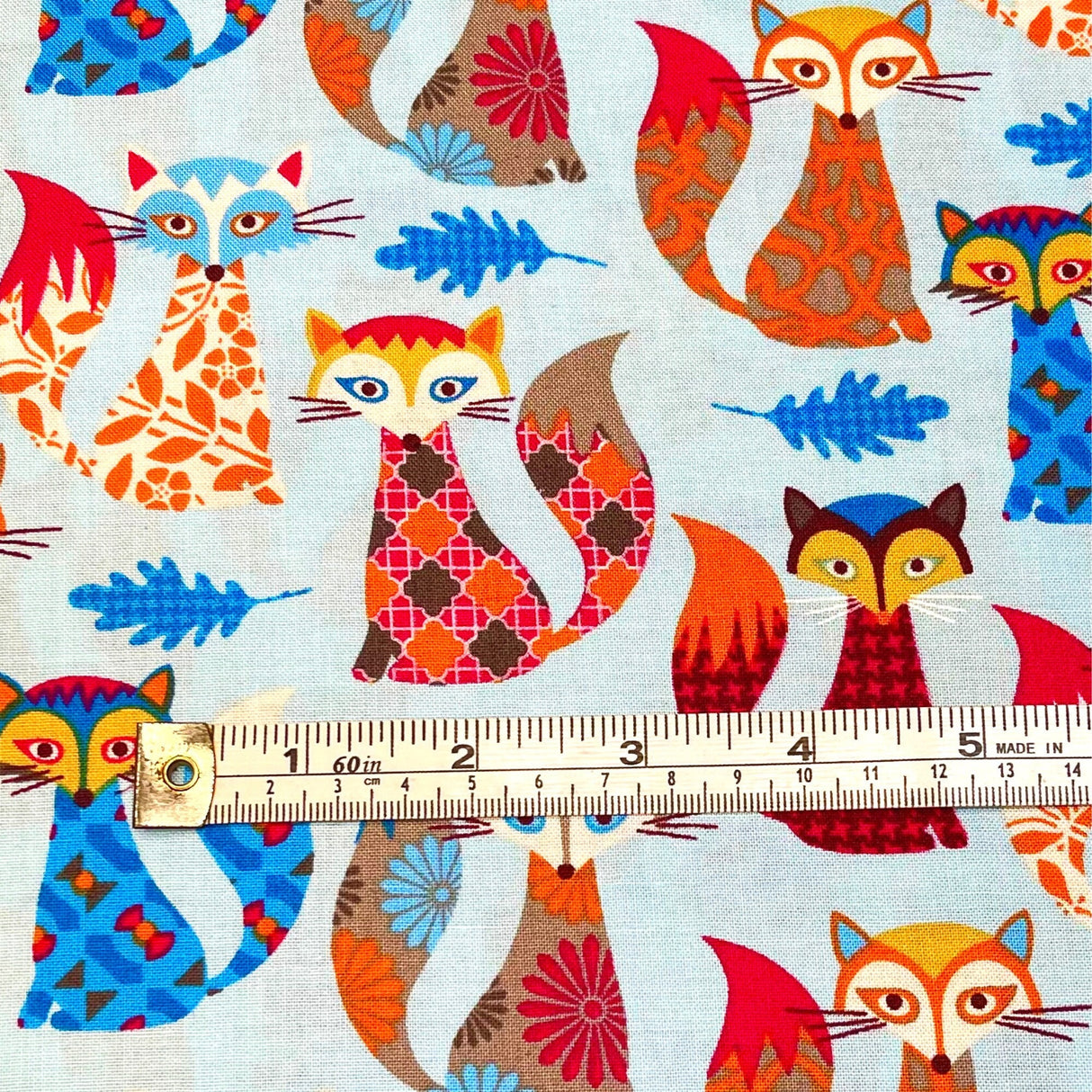 Fox Fabric Blue Orange Red Animal Quilting fabric Fun Timeless Treasure TT-C3804-Blue