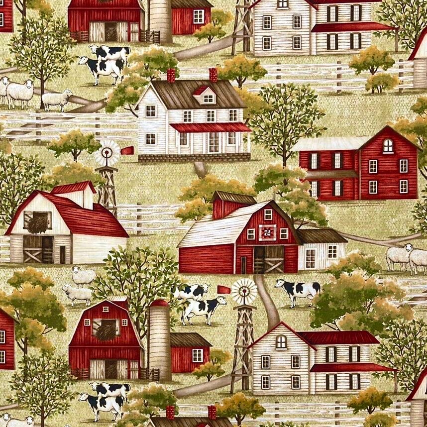 Country Barns Farmhouse Cows Windmills fabric Country Living fabric Henry Glass HG8802-66