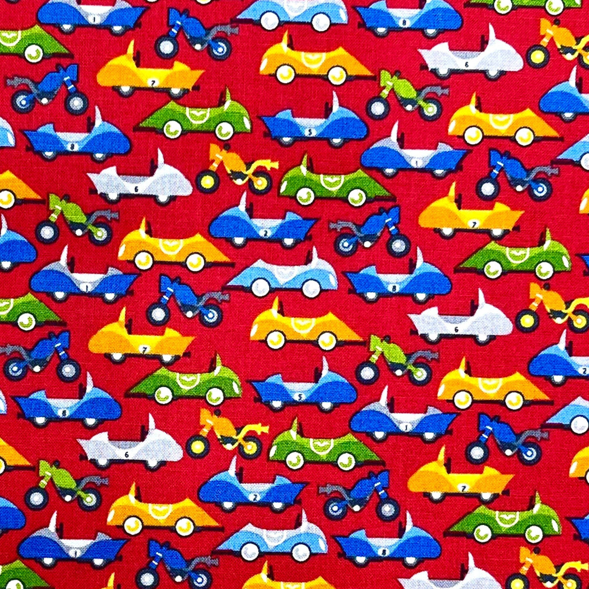 Motorbikes fabric Racing Cars Blue Orange Green on red fabric Safari Drive StudioE fabric SE-3031-88