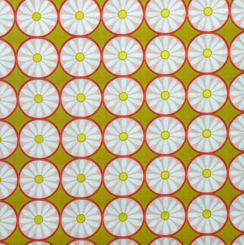 Daisy fabric tile, Pink Gold metallic accents floral Geometric Michael Miller MD7127Gold