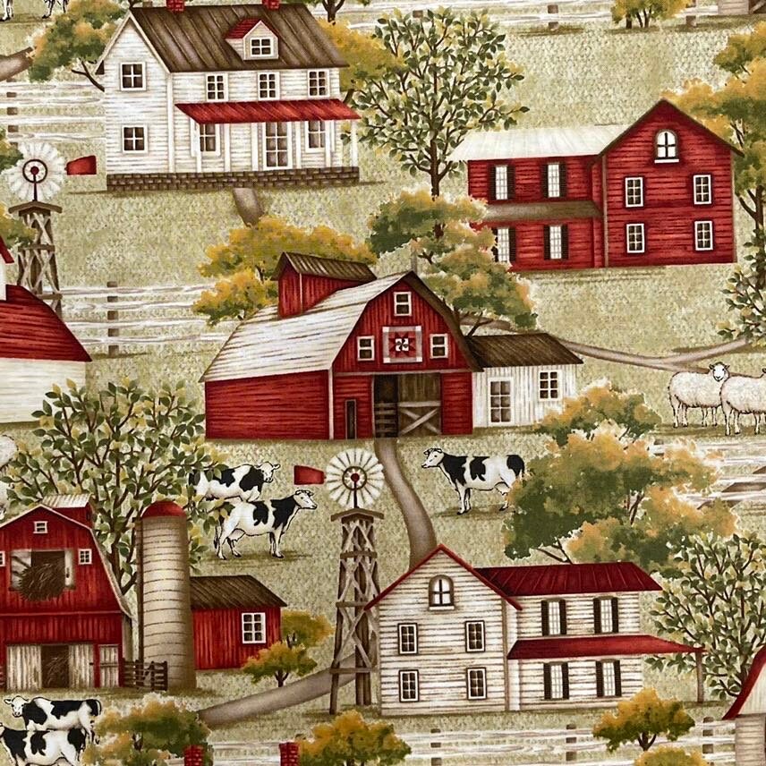 Country Barns Farmhouse Cows Windmills fabric Country Living fabric Henry Glass HG8802-66