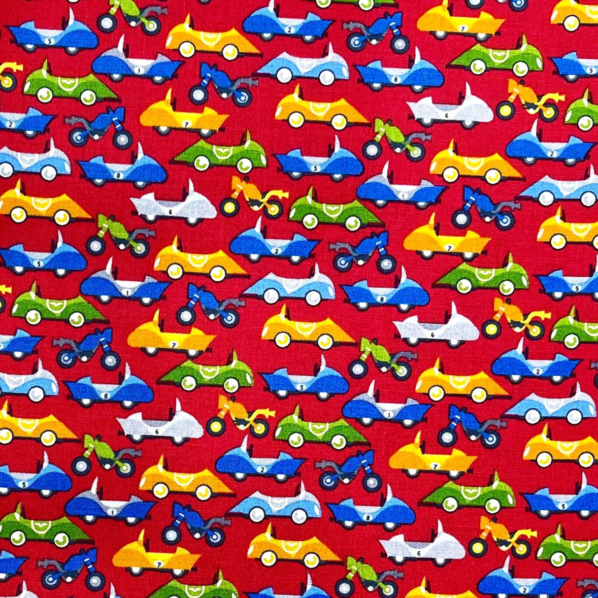 Motorbikes fabric Racing Cars Blue Orange Green on red fabric Safari Drive StudioE fabric SE-3031-88
