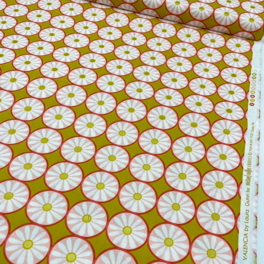 Daisy fabric tile, Pink Gold metallic accents floral Geometric Michael Miller MD7127Gold