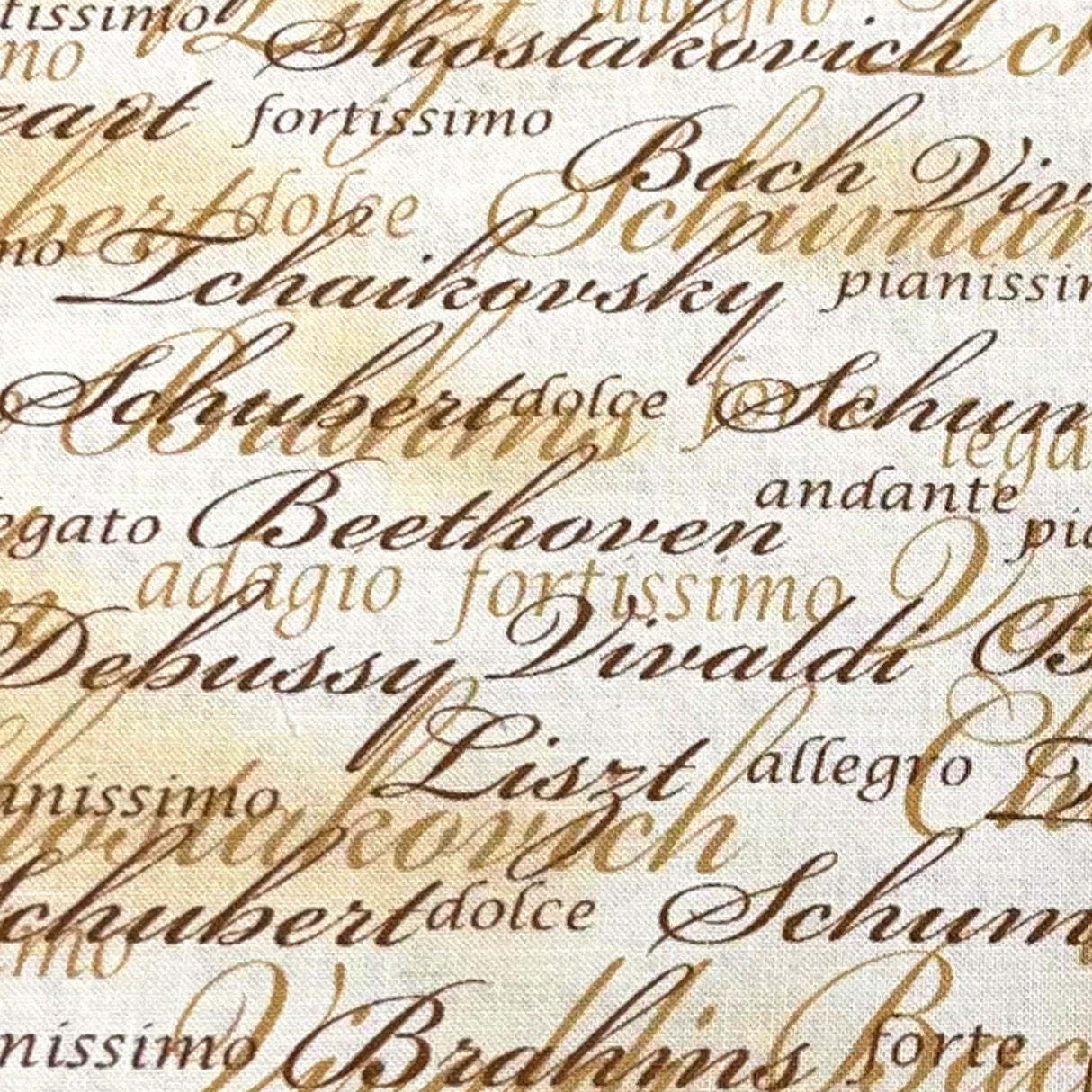 Concerto Musical fabric script writing Cotton Quilting Musicians Beethoven Vivaldi Chopin Mozart Benartex