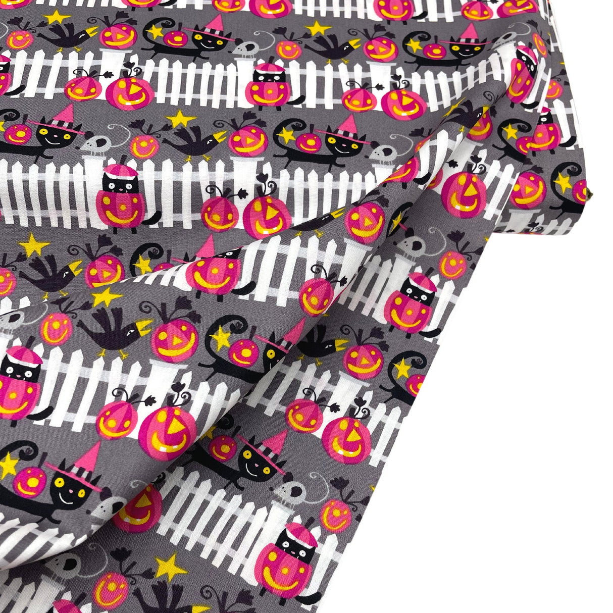 Happy Halloween fabric Black Cats, Pumpkins, white picket fences, Henry Glass Fabric Cotton Quilting fabric DW102.0VAMP